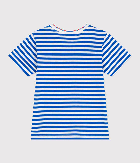 Children's short-sleeved stripy cotton T-shirt PORCELANA blue/MARSHMALLOW