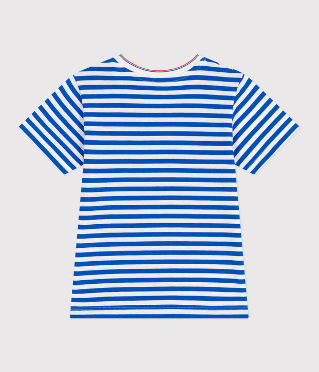 Children's short-sleeved stripy cotton T-shirt blue/white