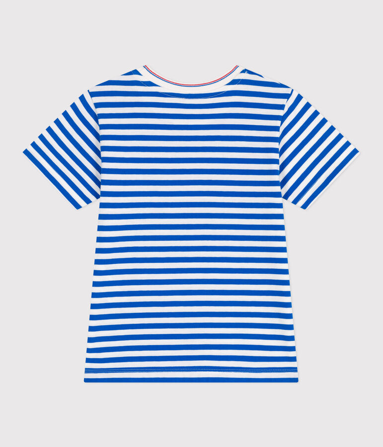 Children's short-sleeved stripy cotton T-shirt blue/white