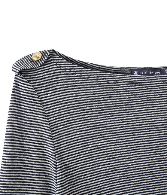 Women's striped linen long-sleeve tee SMOKING blue/LAIT white