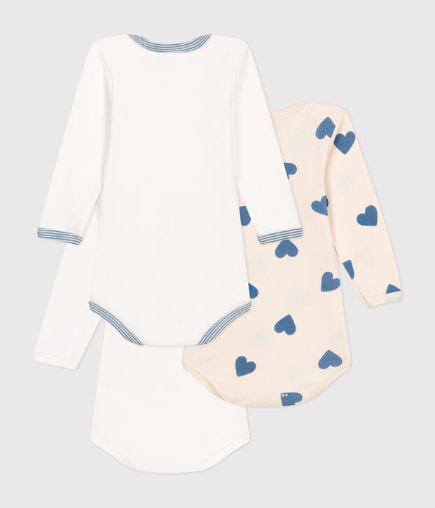 Babies' long-sleeved blue heart-patterned cotton bodysuits - 3-pack multicolor