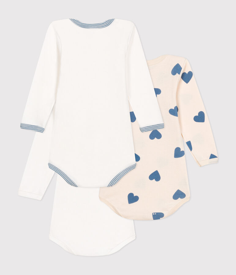 Babies' long-sleeved blue heart-patterned cotton bodysuits - 3-pack multicolor