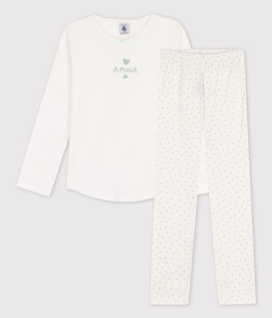 Girls' Small Heart Pattern Cotton Pyjamas MARSHMALLOW white/HERBIER