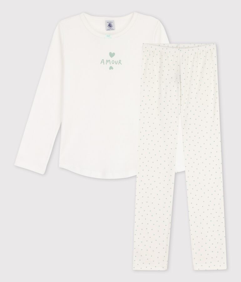 Girls' Small Heart Pattern Cotton Pyjamas white/green
