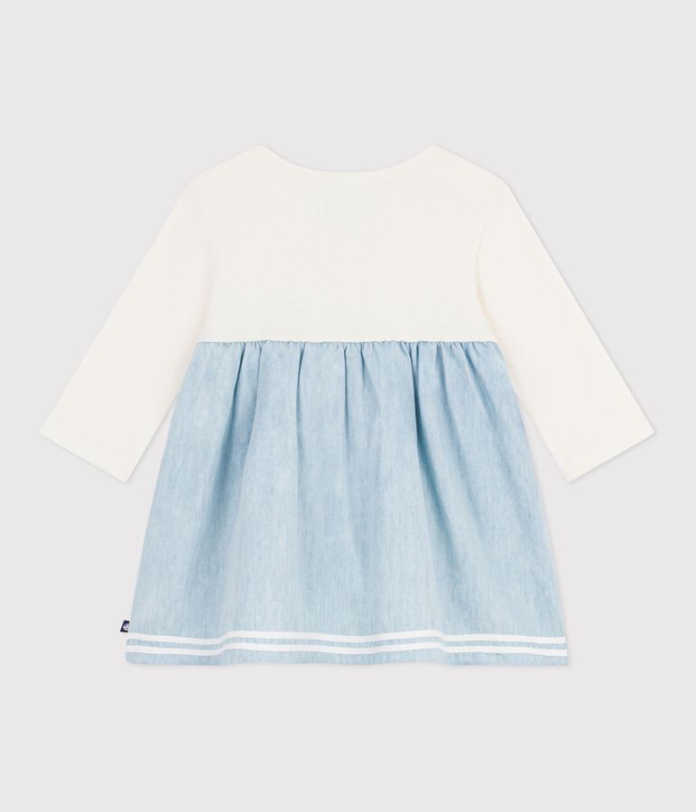 Babies' long-sleeved dress in two materials, cotton and chambray Ecru/multicolor