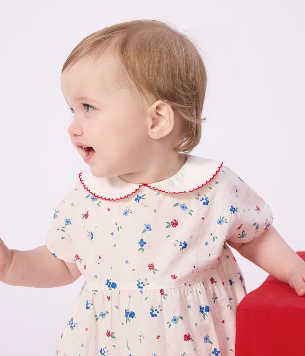 Babies' short-sleeved cotton dress and matching bloomers printed with hearts white/multicolor
