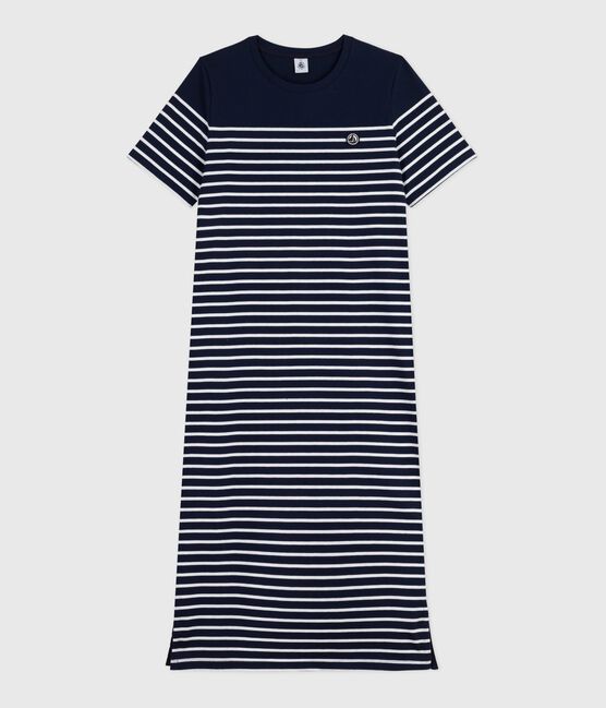 Women's long striped cotton dress SMOKING blue/MARSHMALLOW white