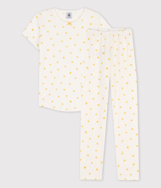 Girls' Sun Themed Short-Sleeved Organic Cotton Pyjamas MARSHMALLOW white/ORGE
