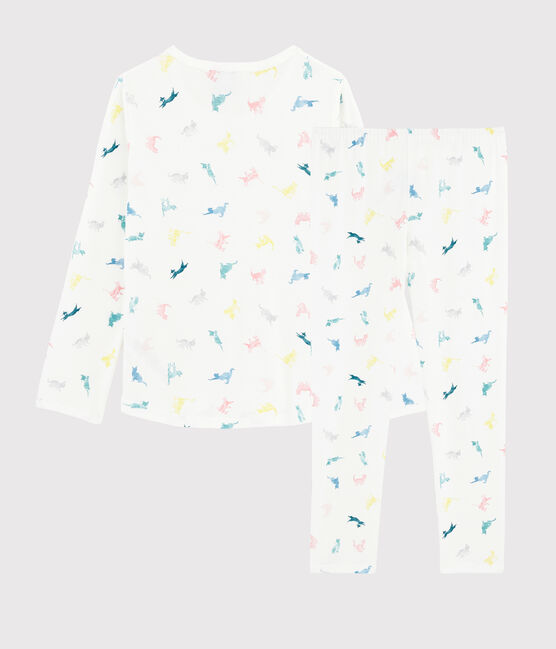 Girls' Cat Print Cotton Pyjamas MARSHMALLOW white/MULTICO white