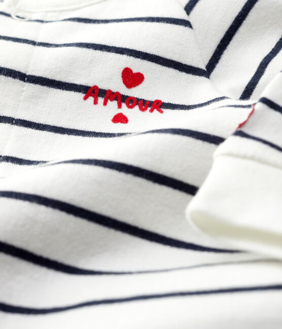 Babies' Sailor Striped Organic Cotton Fleece Jumpsuit MARSHMALLOW white/SMOKING blue