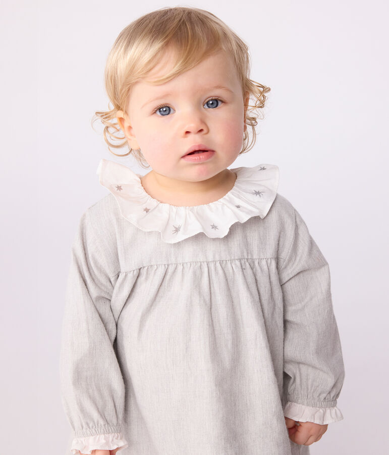 Babies' long-sleeved plain flannel dress with a collar grey