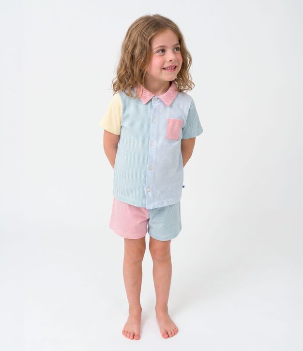 Children's short stripy buttoned cotton pyjamas white/multicolor
