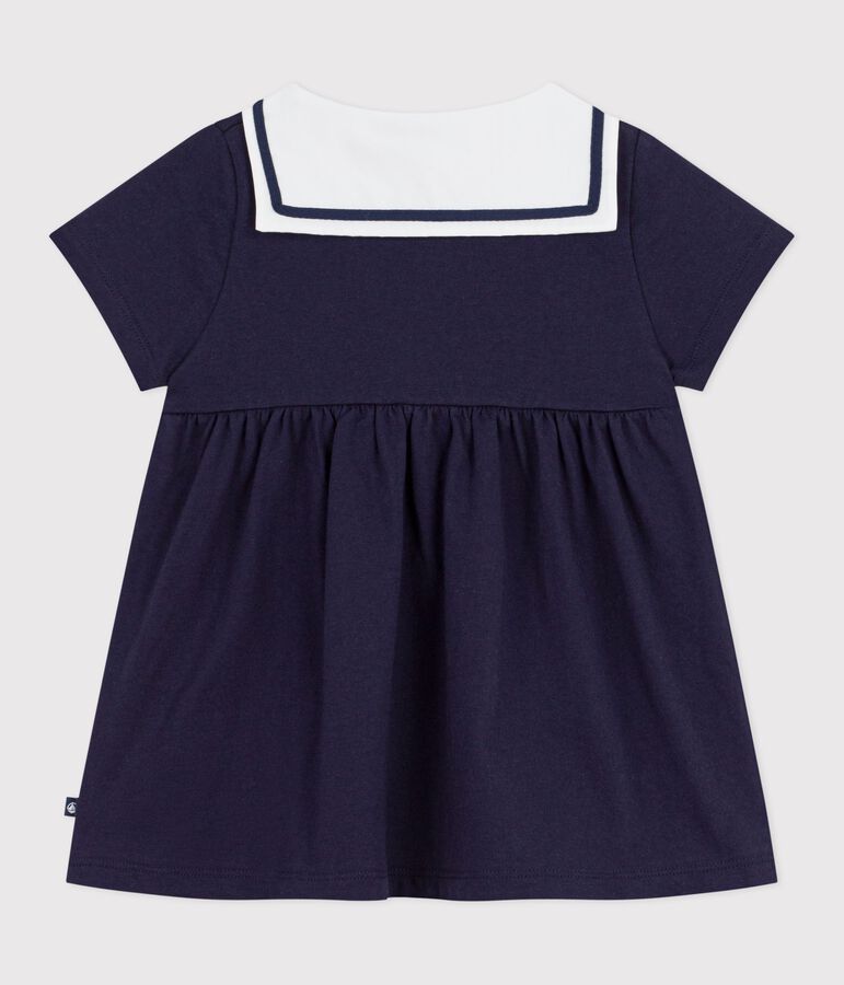 Babies' short-sleeved plain cotton dress with a sailor collar blue