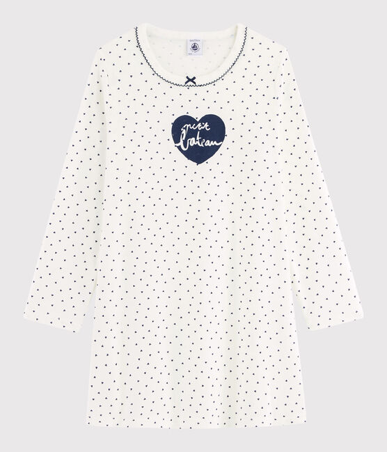 Girl's mini-hearts ribbed nightdress MARSHMALLOW white/MEDIEVAL blue