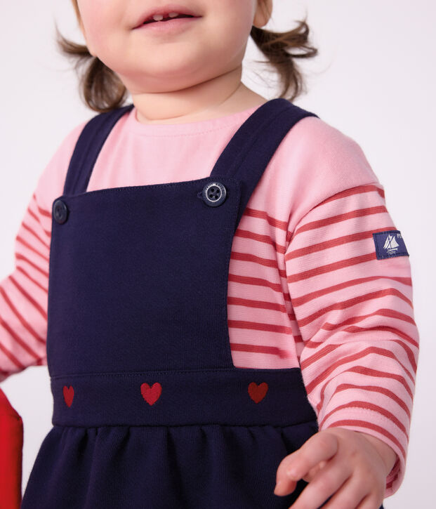 Babies' long-sleeved stripy cotton T-shirt. pink/pink
