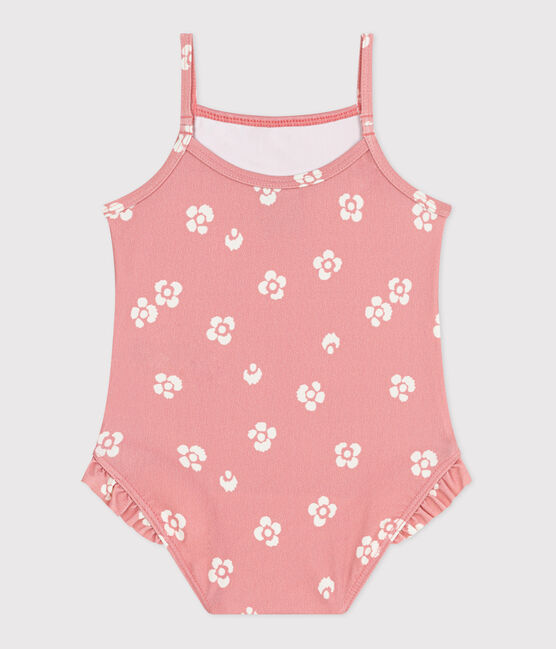 Babies' one-piece swimsuit with frills and a floral print. CHARME pink/MARSHMALLOW white