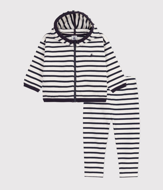 Babies' Thick Stripy Jersey Breton Outfit MARSHMALLOW white/SMOKING blue