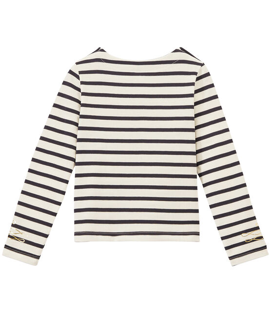 Girl's long-sleeved sailor top in heavyweight jersey MARSHMALLOW white/SMOKING blue