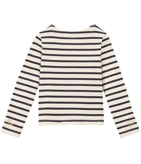Girl's long-sleeved sailor top in heavyweight jersey MARSHMALLOW white/SMOKING blue