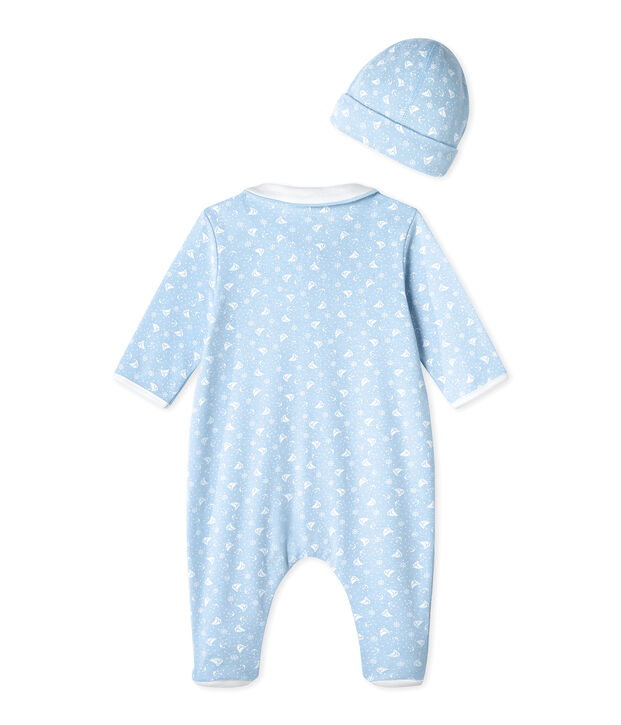 Baby's sleepsuit and its newborn hat blue/white