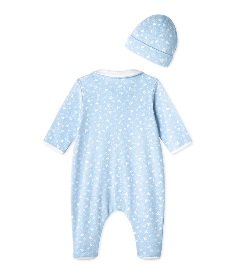 Baby's sleepsuit and its newborn hat TOUDOU blue/ECUME white