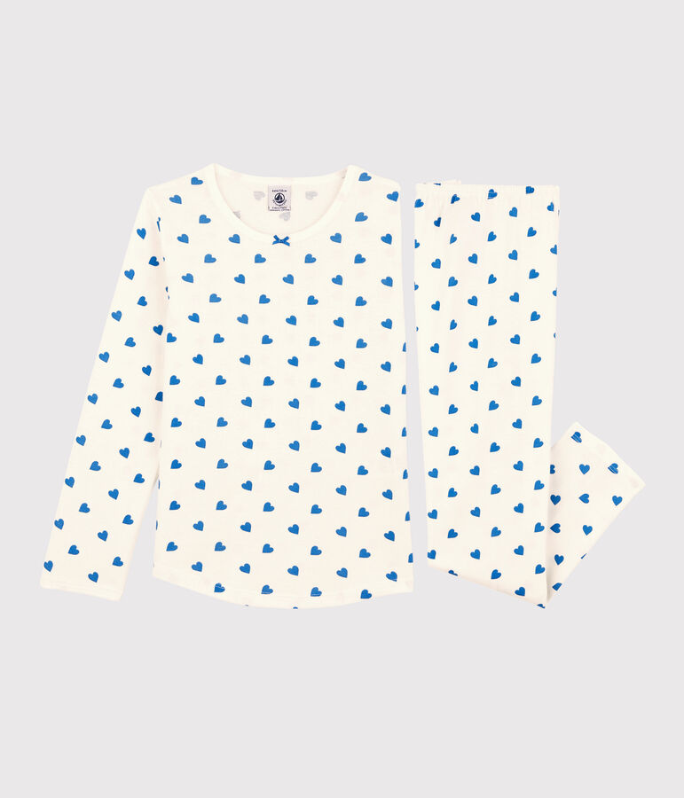 Girls' Blue Heart Patterned Cotton Pyjamas MARSHMALLOW white/BRASIER blue