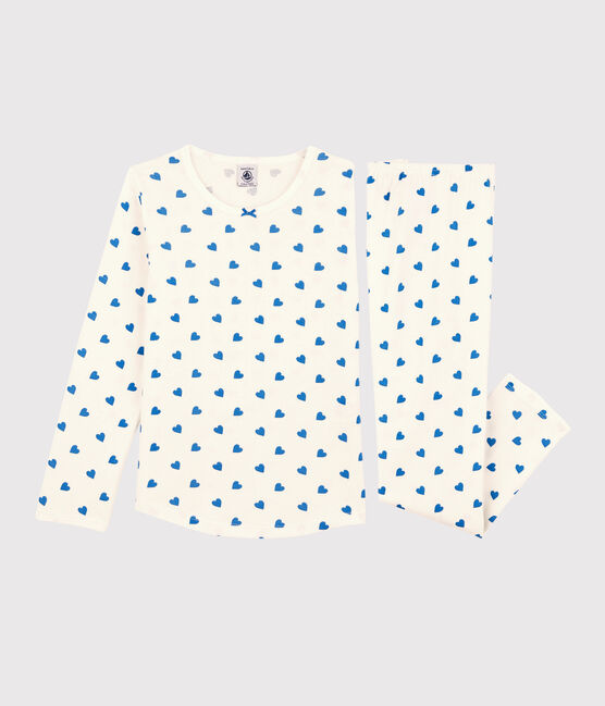 Girls' Blue Heart Patterned Cotton Pyjamas MARSHMALLOW white/BRASIER blue