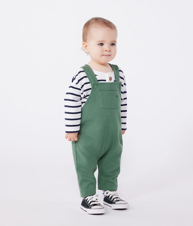 Babies' long dungarees in plain cotton green