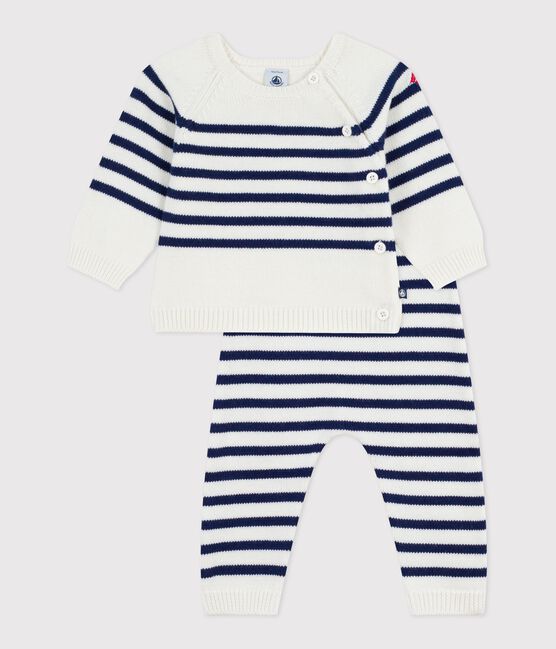 Babies' 2-piece stripy knit Breton top outfit MARSHMALLOW blue/SOIR