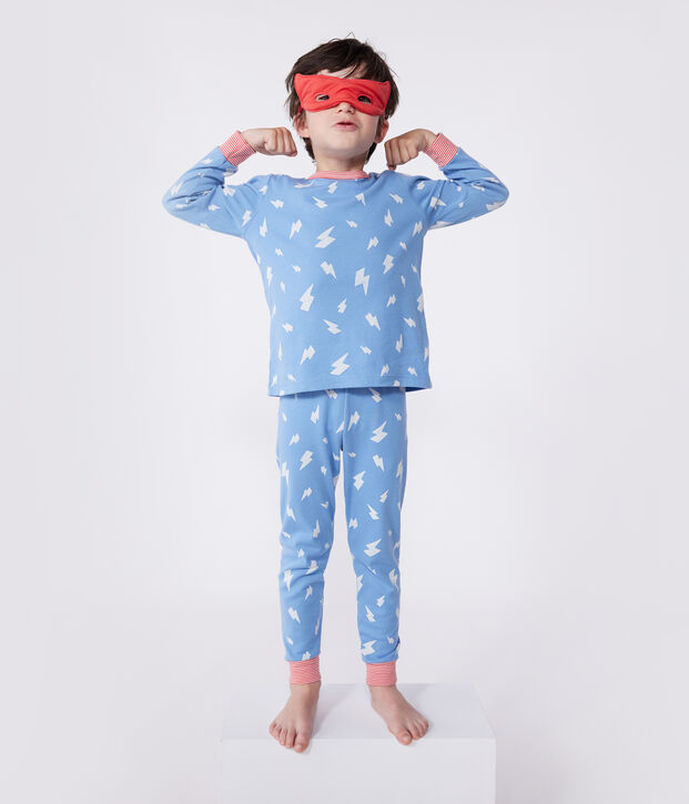 Children's short fancy dress pyjamas in glow-in-the-dark cotton with a cape blue/multicolor