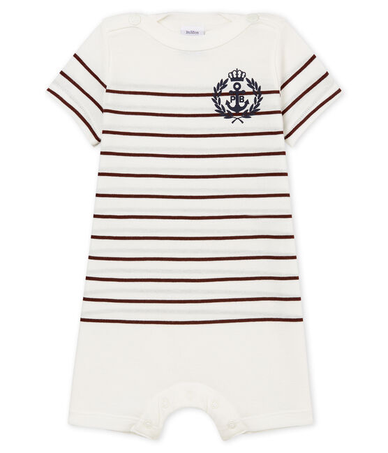 Baby boys' light jersey Shortie with striped section MARSHMALLOW white/VINO CN red