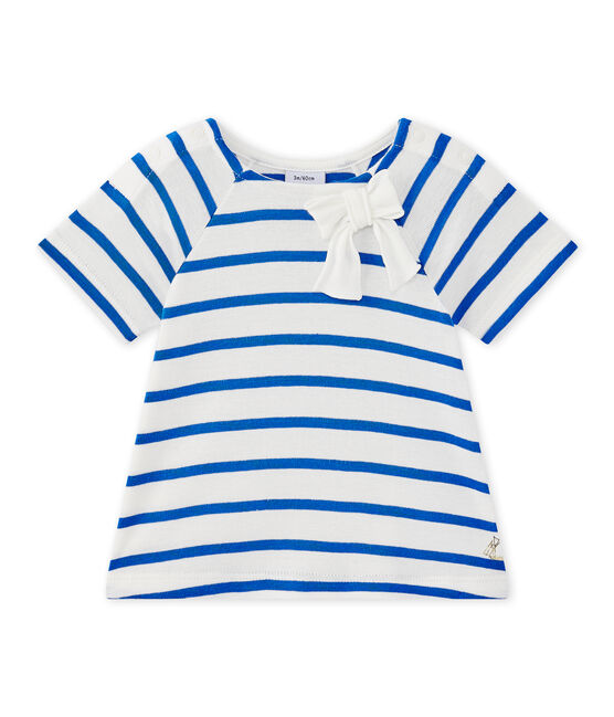 Baby girl's long-sleeved striped T-shirt MARSHMALLOW white/PERSE blue