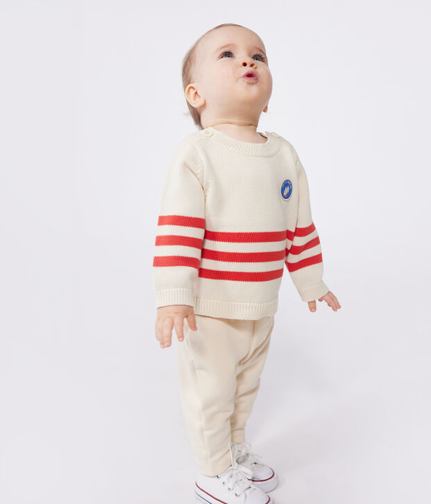 Babies' cotton jumper with placed stripes and a badge on the chest red/red
