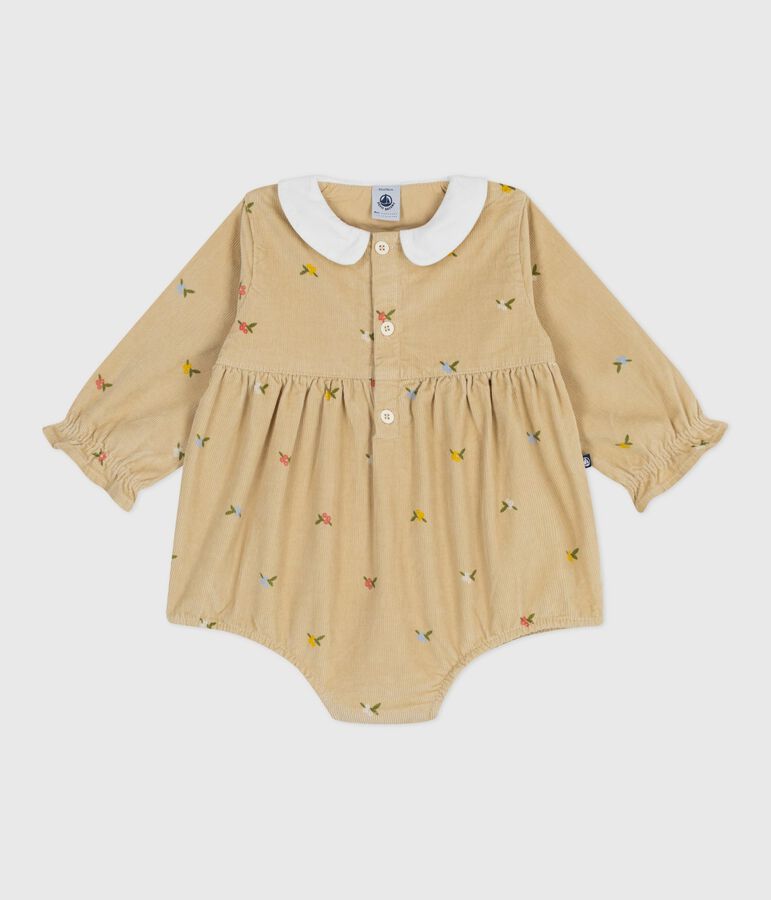 Babies' short playsuit in floral-print corduroy beige/multicolor