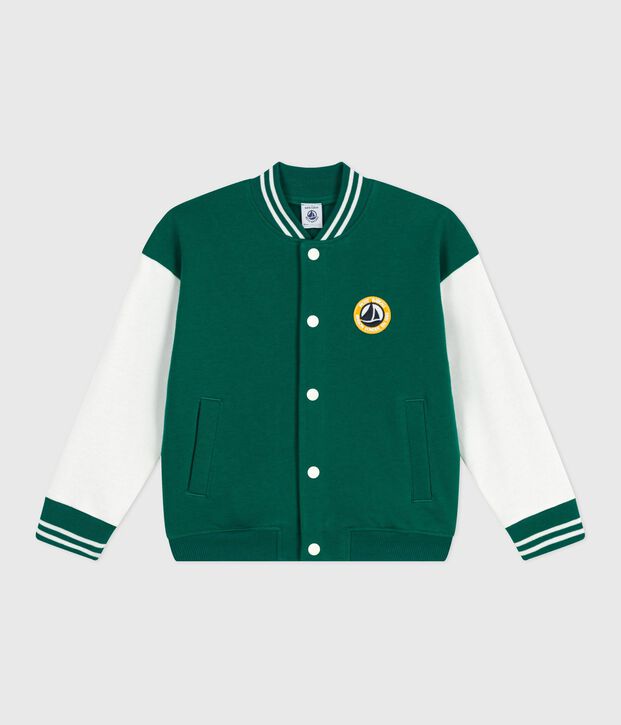 Children's varsity-style jacket in plain cotton green/ecru
