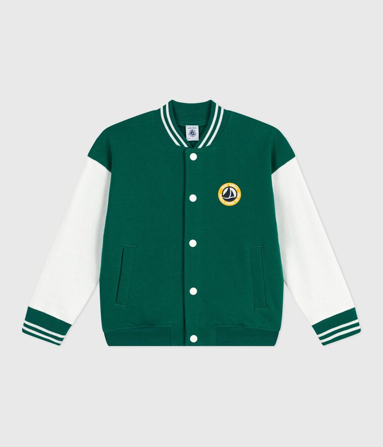 Children's varsity-style jacket in plain cotton green/ecru