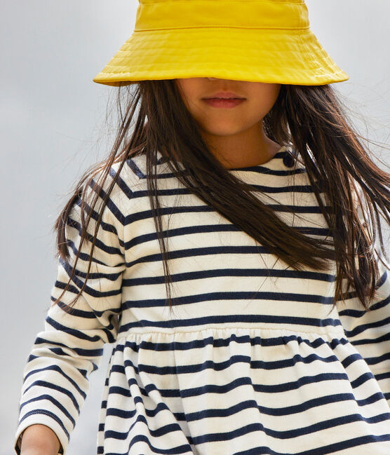 Girls' long-sleeved dress in stripy thick cotton MARSHMALLOW white/SMOKING blue