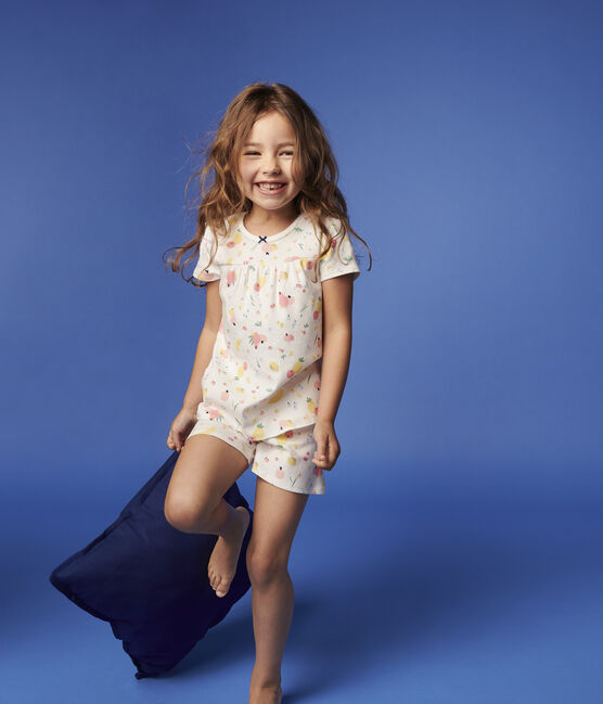 Girls' Summer Fruit Pattern Organic Cotton Short Pyjamas MARSHMALLOW white/MULTICO white