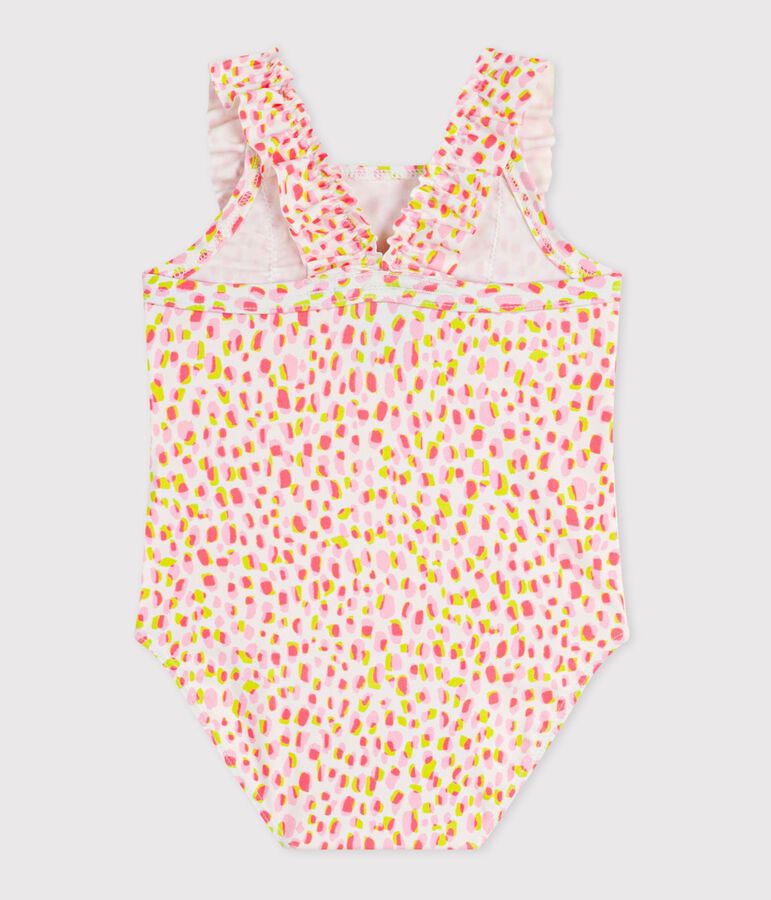 Babies' one-piece printed ruffled swimsuit. white/multicolor