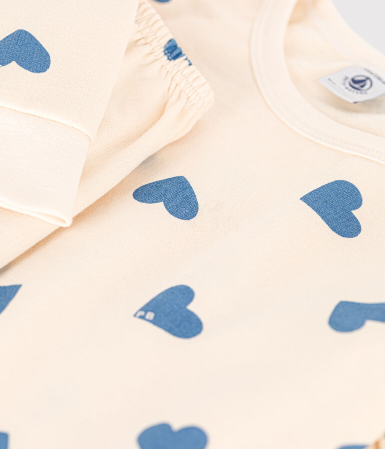 Children's pyjamas in heart print brushed fleece Ecru/blue