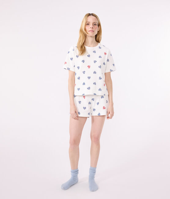Women's short heart print cotton pyjamas MARSHMALLOW white/MULTICO white