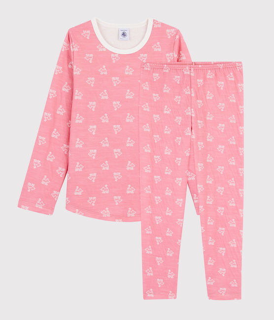 Girls' Jacquard Cats Pyjamas in Wool and Cotton CHEEK pink/MARSHMALLOW white