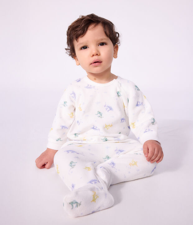 Babies' velour pyjama suit printed with dragons white/multicolor