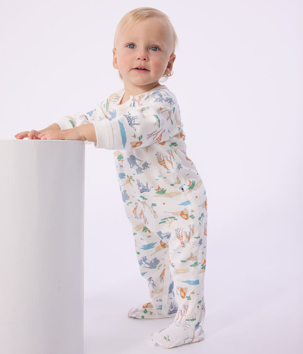 Babies' savannah print cotton pyjama suit with a zip white/multicolor