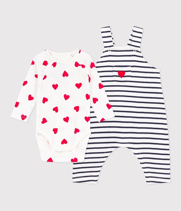 Babies' stripy dungarees/body set featuring a body printed with hearts white/blue
