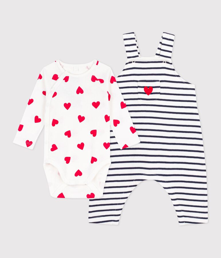 Babies' stripy dungarees/body set featuring a body printed with hearts MARSHMALLOW white/SMOKING blue