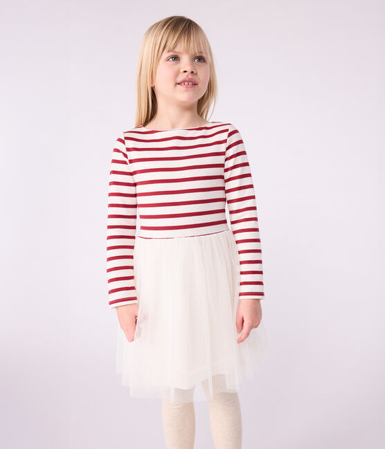 Children's long-sleeved dress in cotton and tulle MILK red/AMARANTE