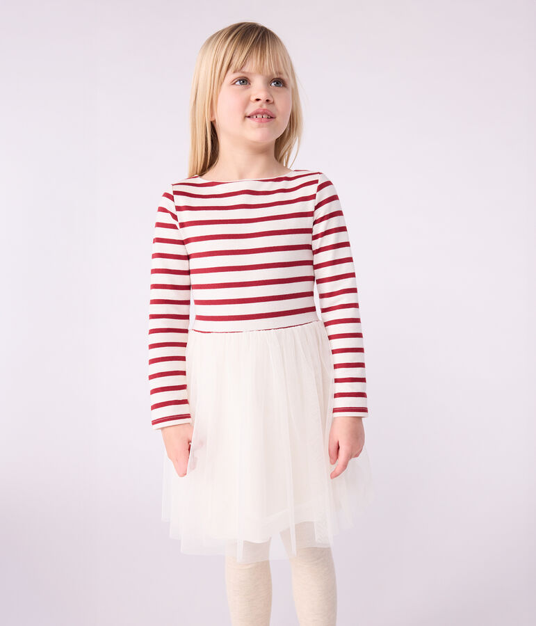 Children's long-sleeved dress in cotton and tulle Ecru/red