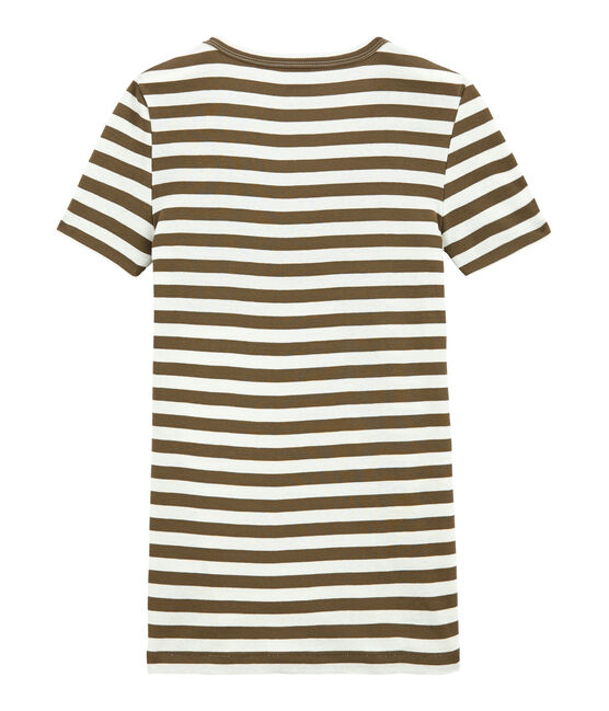 Women's striped original rib V-neck T-shirt SHITAKE brown/MARSHMALLOW white