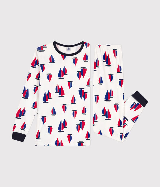 Junior cotton pyjamas with a printed boat motif MARSHMALLOW white/MULTICO white